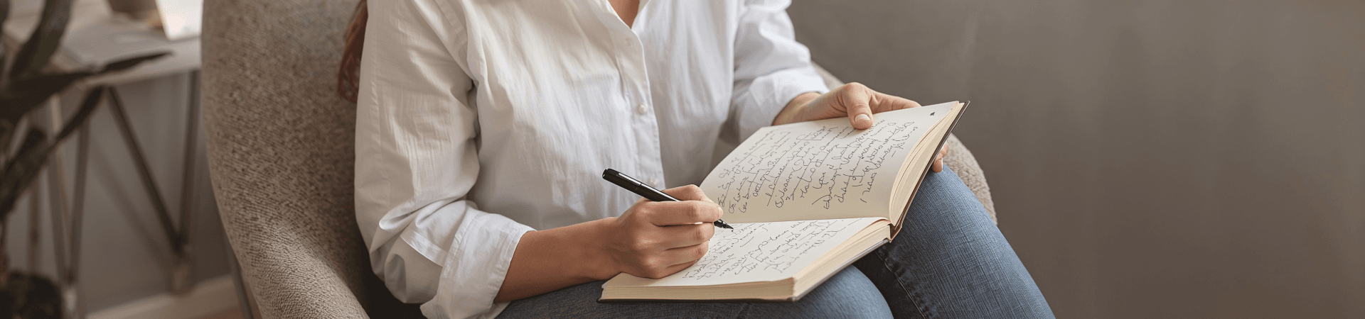 Woman reflecting on self-worth while writing in a journal beside a window.