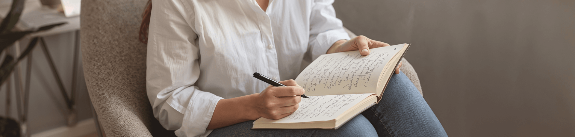 Woman reflecting on self-worth while writing in a journal beside a window.