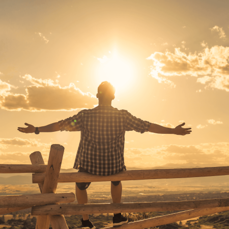 Back of a man sitting on a fince, high in hills at sunset, looking out with arms raised