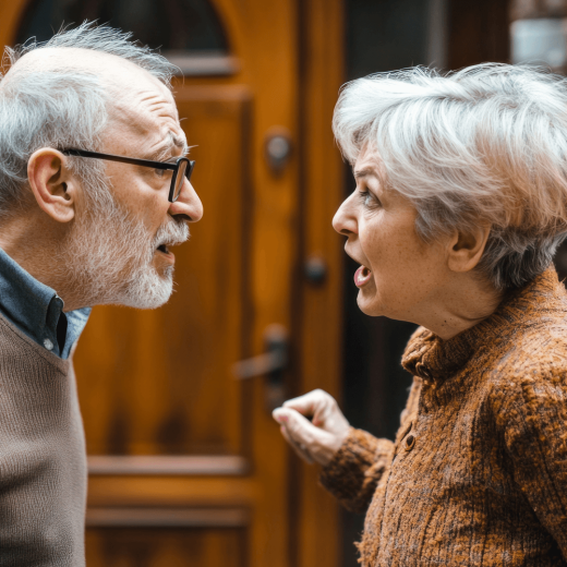 enderly couple standing in house having an argument