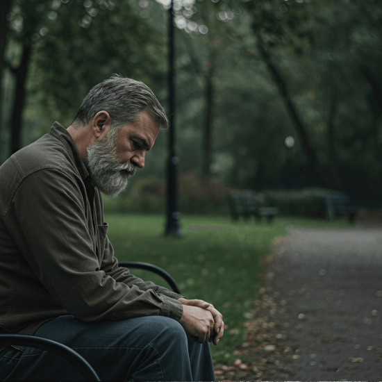 Man sitting on park bench with hands clasped, looking down, contemplating