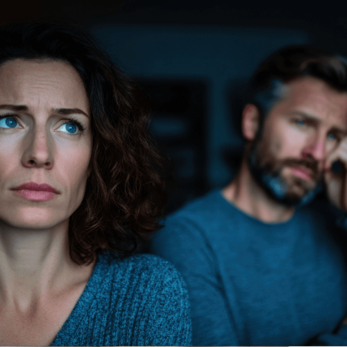 a husband and wife after an argument looking out a window, wife with back to husband